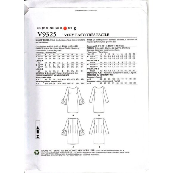 Very Easy Vogue V9325 Misses 14 to 22 Semi Fitted Dress Uncut Sewing Pattern - Picture 2 of 2